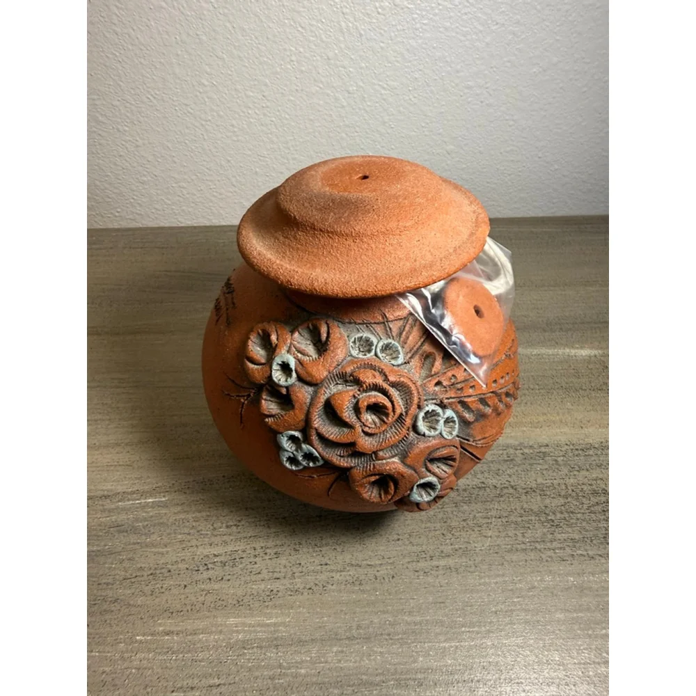 Signed Studio Pottery Oil Lamp 2001 Handmade Terracotta Floral – Decorative Only